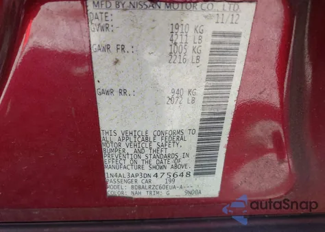 2013 Nissan Altima 2.5 S z USA, uszkodzony, nr VIN 1N4AL3AP3DN475648